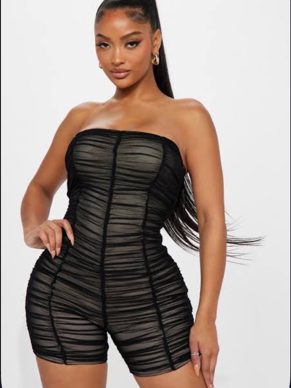 Black Strapless Ruched Mesh Romper